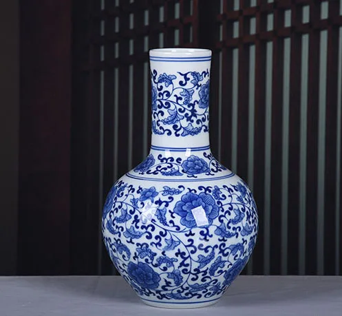 景徳鎮陶磁器卓上花瓶 手描き青白伝統模様 ホームデコレーション
