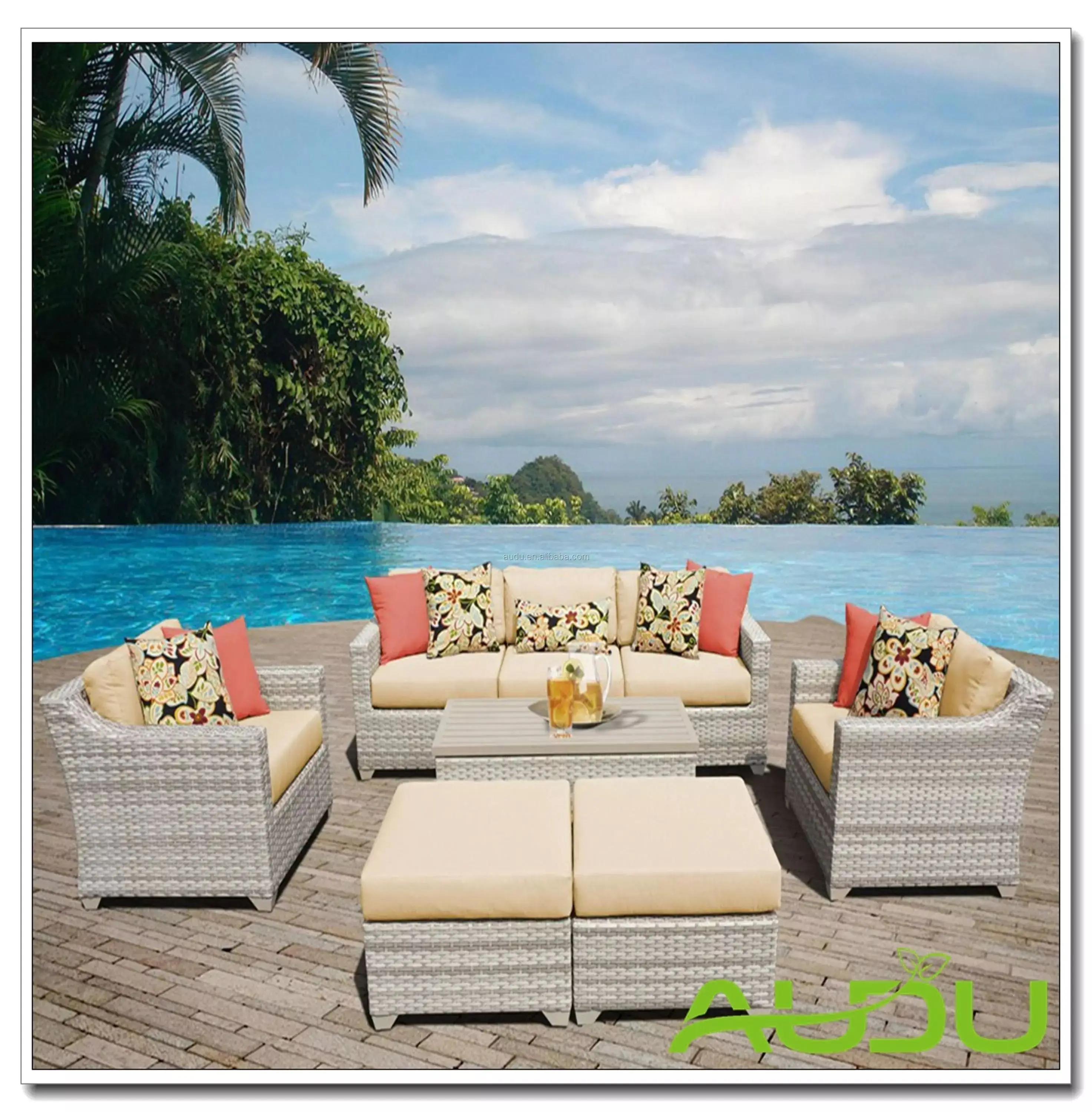 2023 New Houston Rattan Sofa 5pc White Wicker Outdoor Garden Patio
