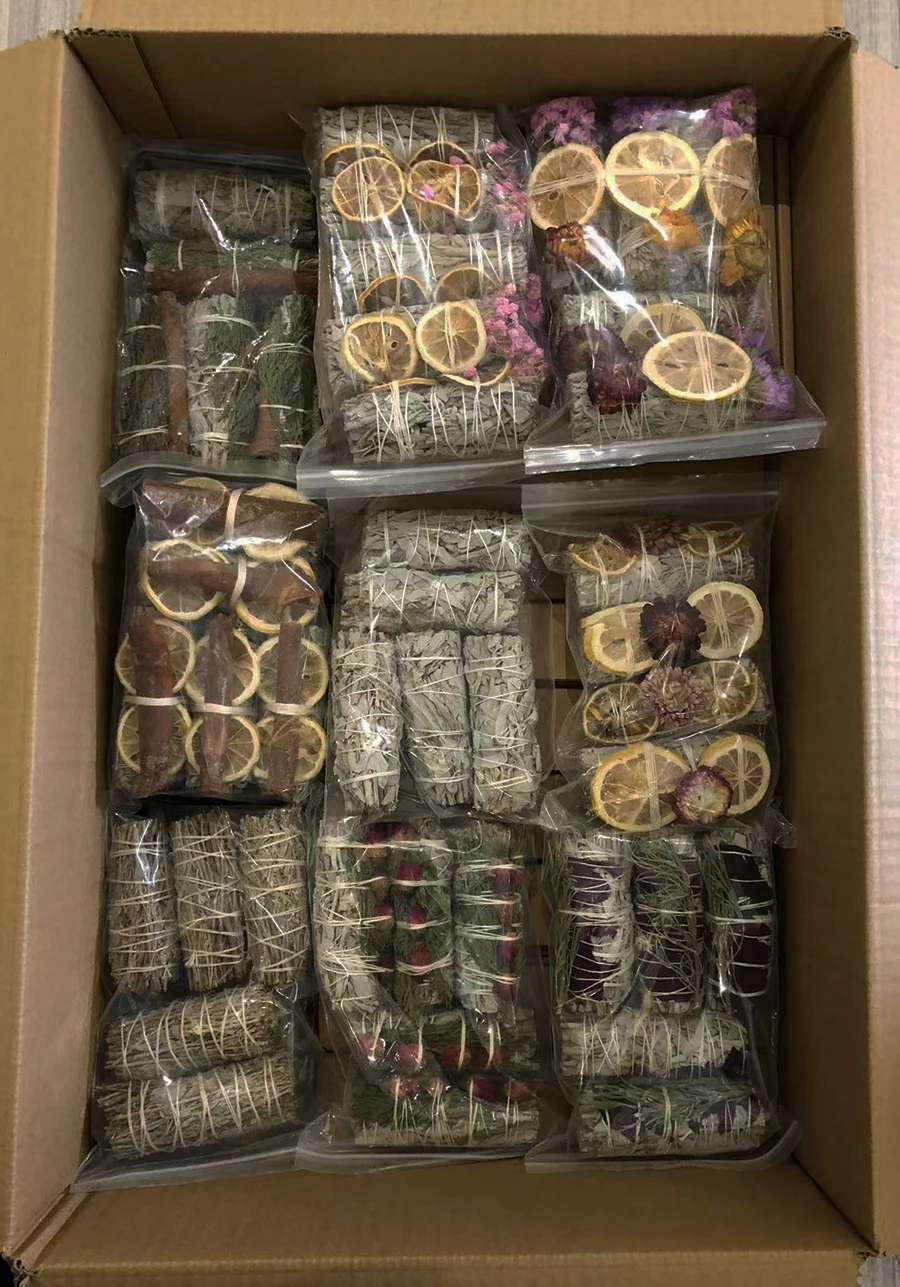 Organic Natural White Sages Smudge Sticks Bundles With Flowers