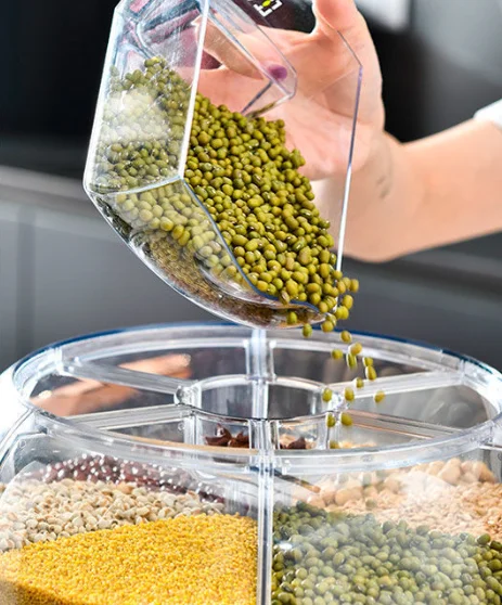 OWNSWING Grain Dispenser 360 Rotating 6 Grid Food Dispenser Rice and Grain Storage Container