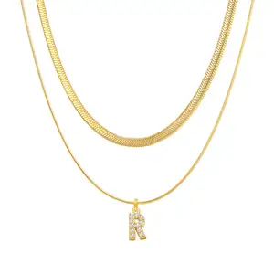 Fashion Stainless Steel Waterproof Jewelry 26 A-z Zircon Letter Pendant Necklace Double Layer Alphabet Initial Necklaces
