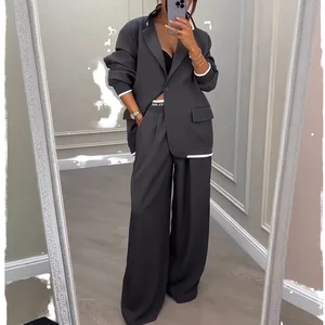 Customize Fall New Arrival Women's Gray Commuter Fashion Long-Sleeve Blazer & Trousers 2-Piece Eco-Friendly Elegant for Fashion