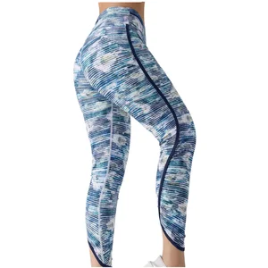 Women Mid-Waist Elastic Yoga Pants with Pocket Seamless Athletic Exercise Sets Blue and White Print Fitness Leggings  Women Gym