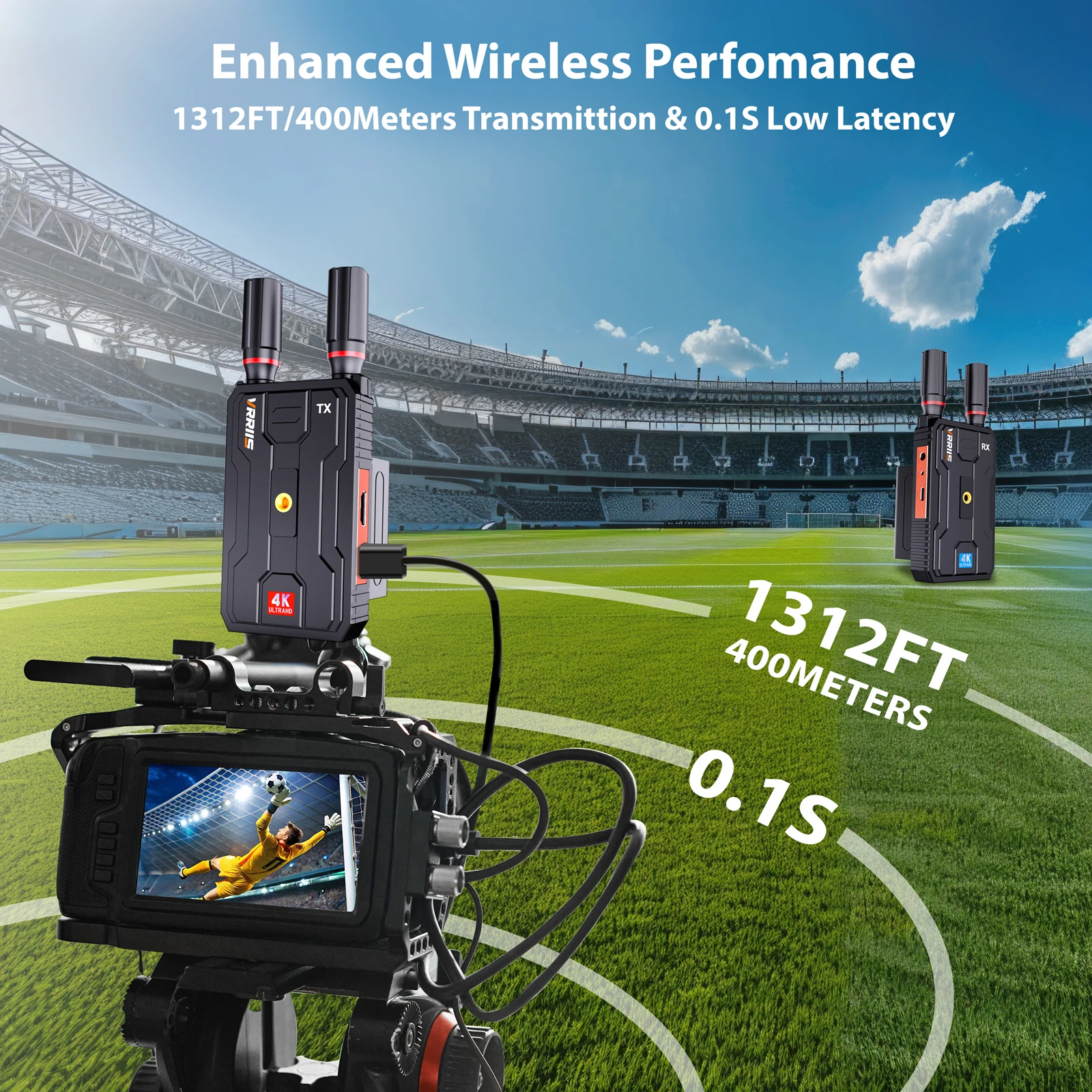 4K 400M/1300FT DUAL outputs wireless video transmitter and receiver for Outdoor Events football live streaming Indoor pass wall