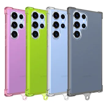 For Samsung S23/S23 Plus/S23 Ultra Thin TPU Phone Case Transparent Anti-Drop Back Cover Four Corners Lanyard Phone Protector