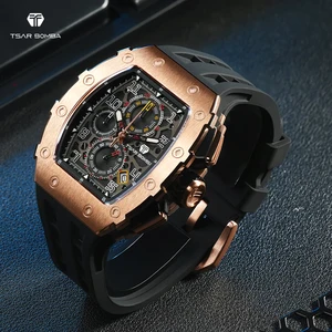 TSAR BOMBA Men's Luxury Tonneau Watch 18mm Silicone Band Crystal Waterproof Luminous Chronograph Fashion Sport SEIKO Movement