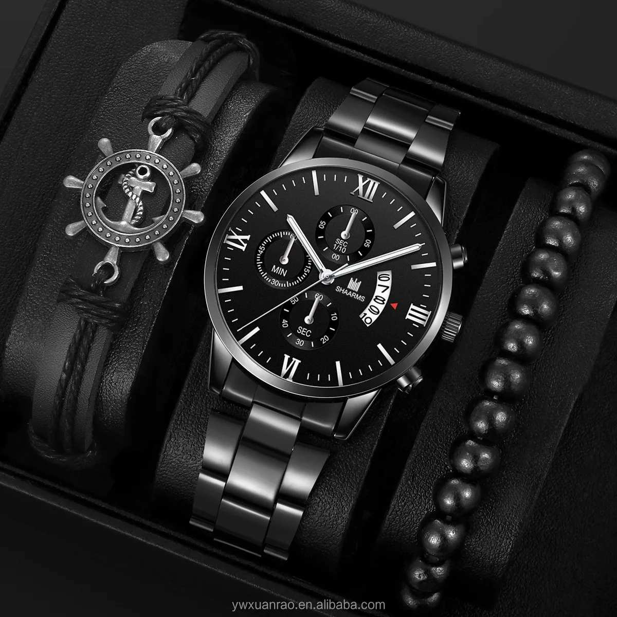 6040 Hot Luxury Date Rome Sport Watch Men Black Stainless Steel Watches