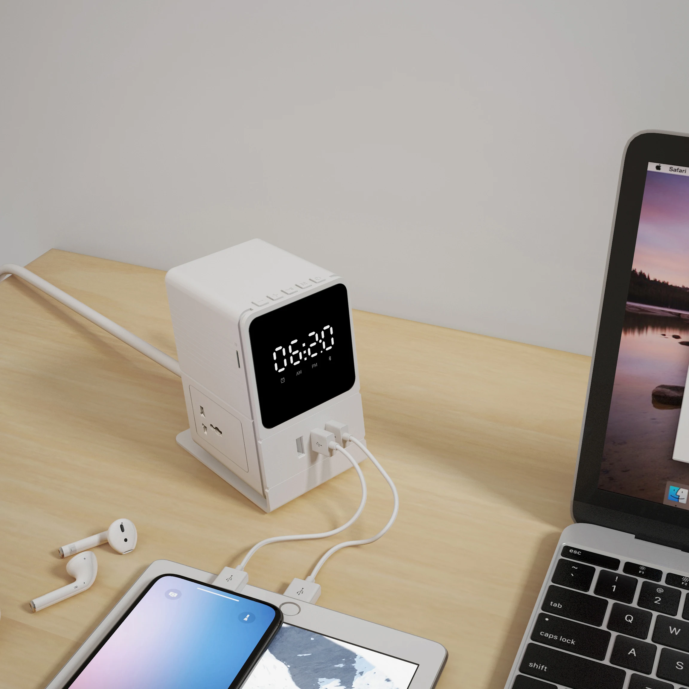 New Design Desk Digital Alarm Clock 2 Way Electrical Sockets Mini Cube