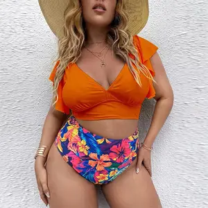 New Design High Quality 4XL Plus Size Two Piece Bikini High Waist Swimsuit Women Ruffle Swimwear