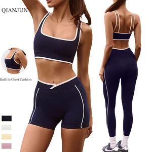 Activewear Gym Fitness Sports Clothing Double Shoulder Strap Bra Breathable Fitness Legging and Shorts Yoga Wear 3-Pcs Set