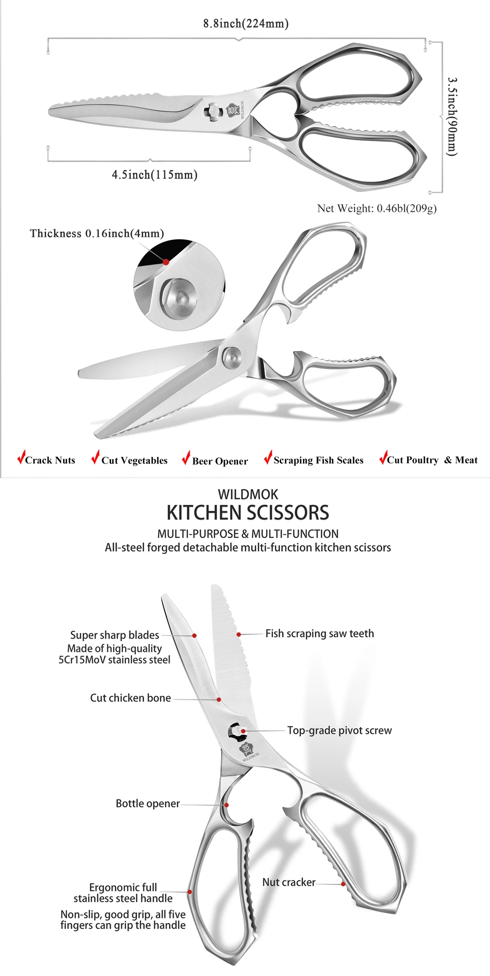 Forbici da cucina WILDMOK - Forbici multifunzione in acciaio inossidabile da 8,8 pollici, forbici multiuso ultra affilate_voghion.com