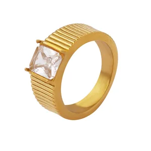 Trendy Fashion Ring Cubic Zircon Stone Stainless Steel Jewelry Thick Gold Plated Ring for Women