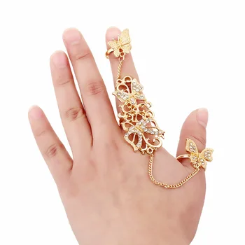 New Finger Leaf Charm Crystal Jewelry Gold Connect Rings Two Finger Long Rings Adjustable Finger Knuckle Ring