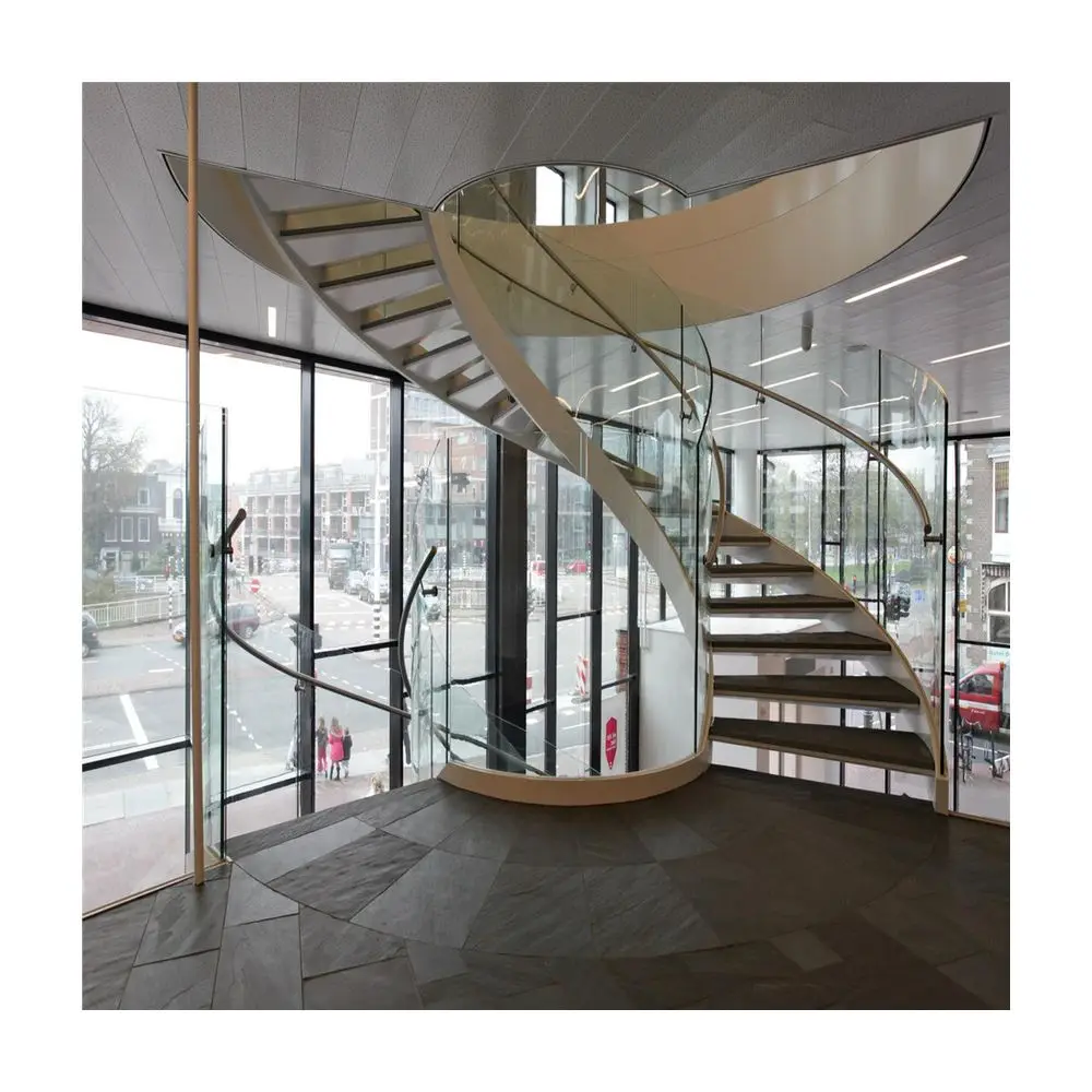 Powder Coating White Stringer Wrought Iron Railing Wood Tread Riser Simple Design Curved Staircase