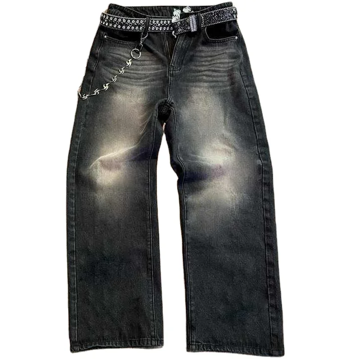 Custom Streetwear High Waits Cotton Faded Straight Baggy Acid Washed Distressed Stacked Trousers Denim Pants Jeans Pants for Men gallery 2