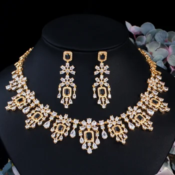 Statement Tassel Black Cubic Zirconia Gold Plated Indian Bridal Kundan Jewelry Sets Big Luxury Earrings Necklace Wedding Party
