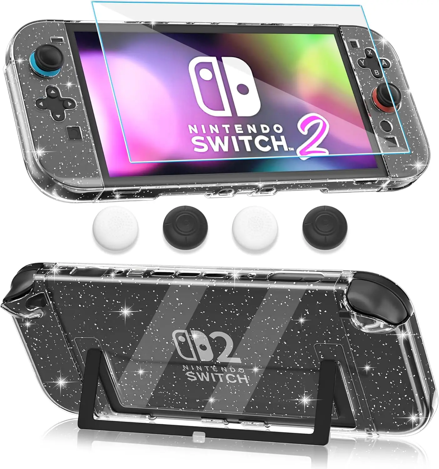 product clear glitter case for nintendo switch 2 2025 protective cover with screen protector 4 thumb grip caps strong and durable-5