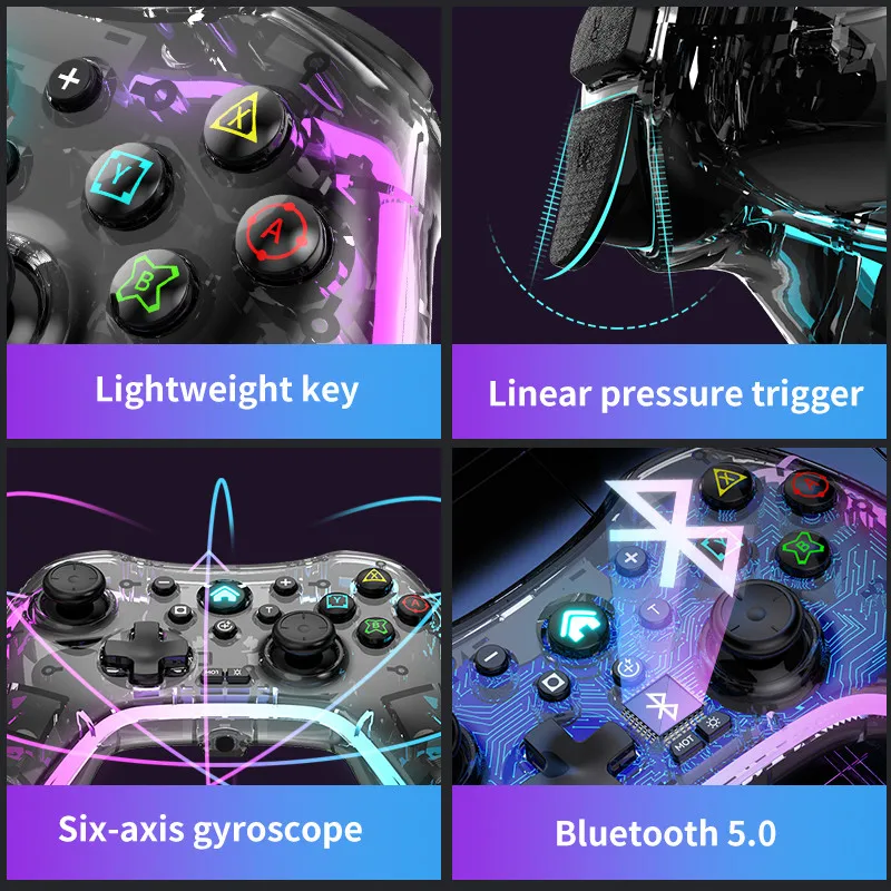 Transparent BT Wireless Game Controller for NS Switch with RGB Lighting Joystick Gamepad for Switch Pro PC Android TV Box