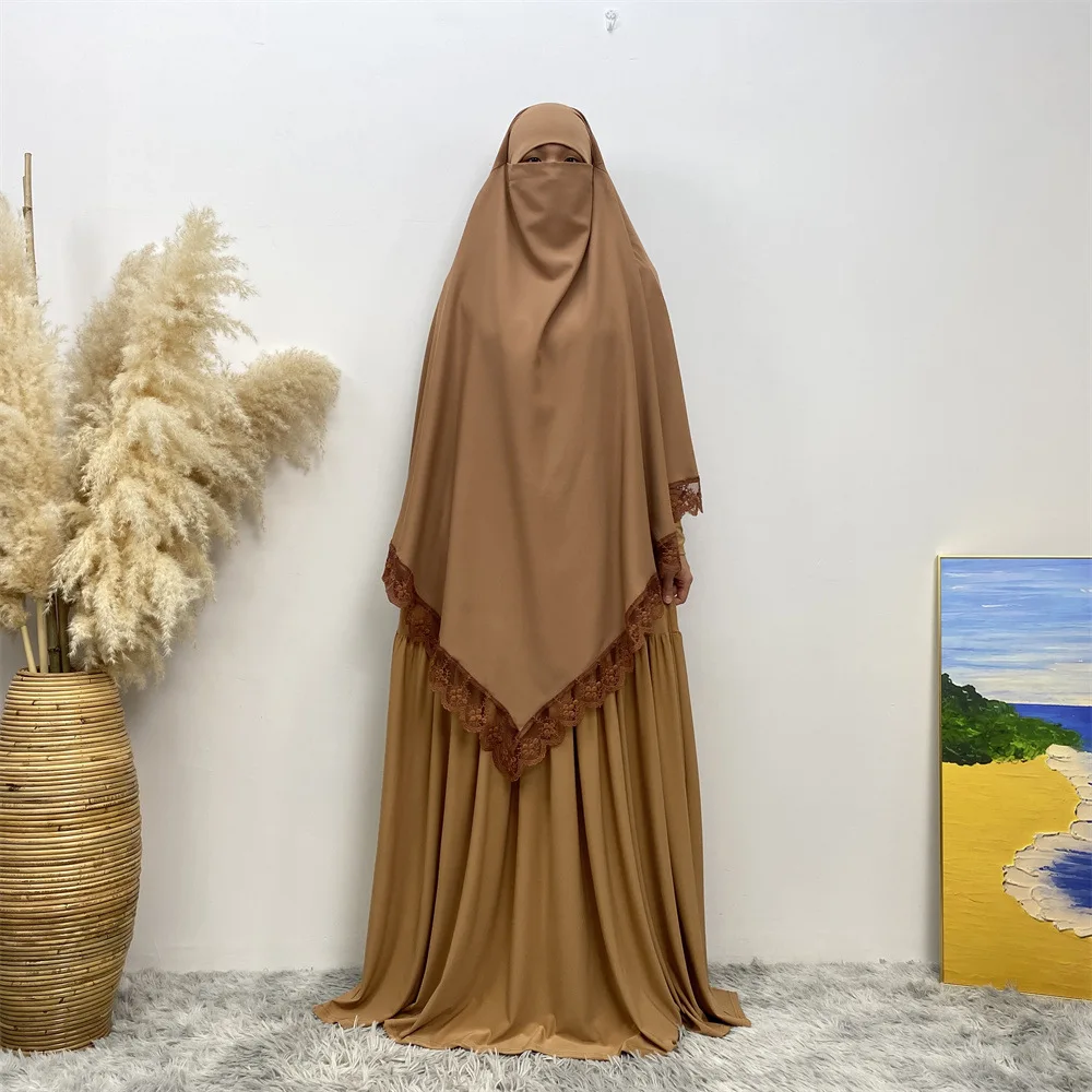 13 Colors Single Layer One Piece Tie up Nida Khimar Hijab with Niqab Lace Side Muslim Women Prayer Islamic Clothing