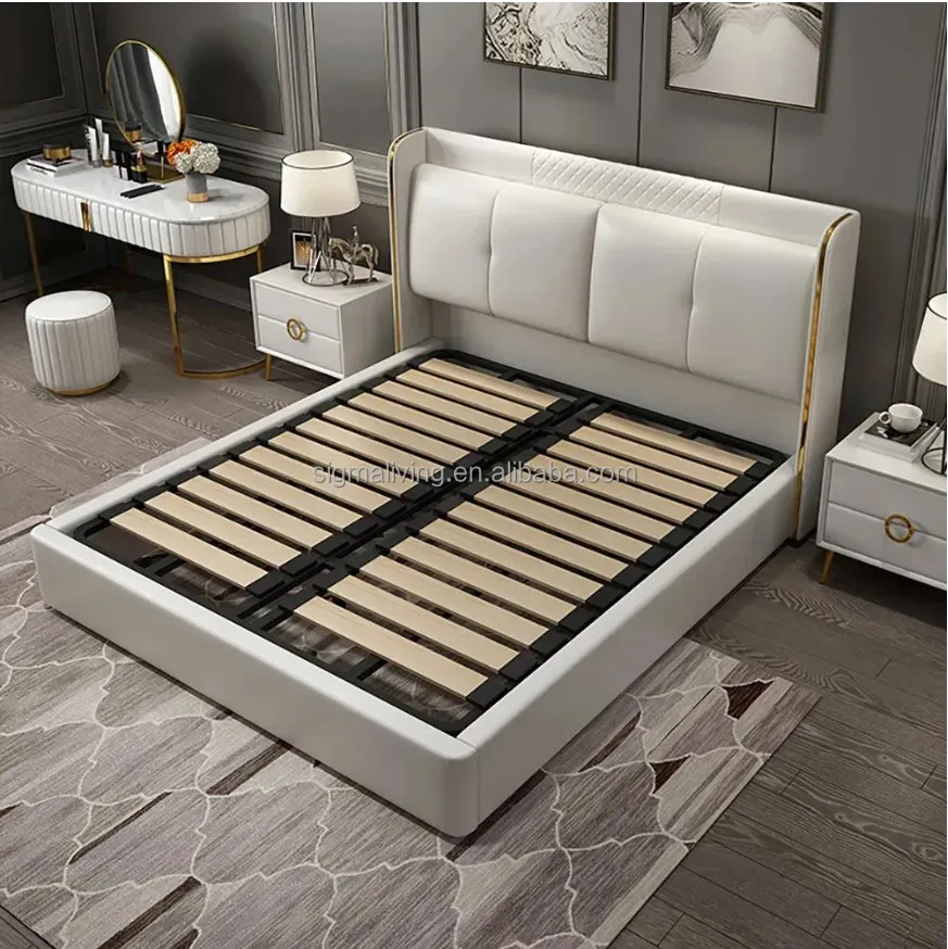 leather upholstered headboard wood slats king size white wingback bed