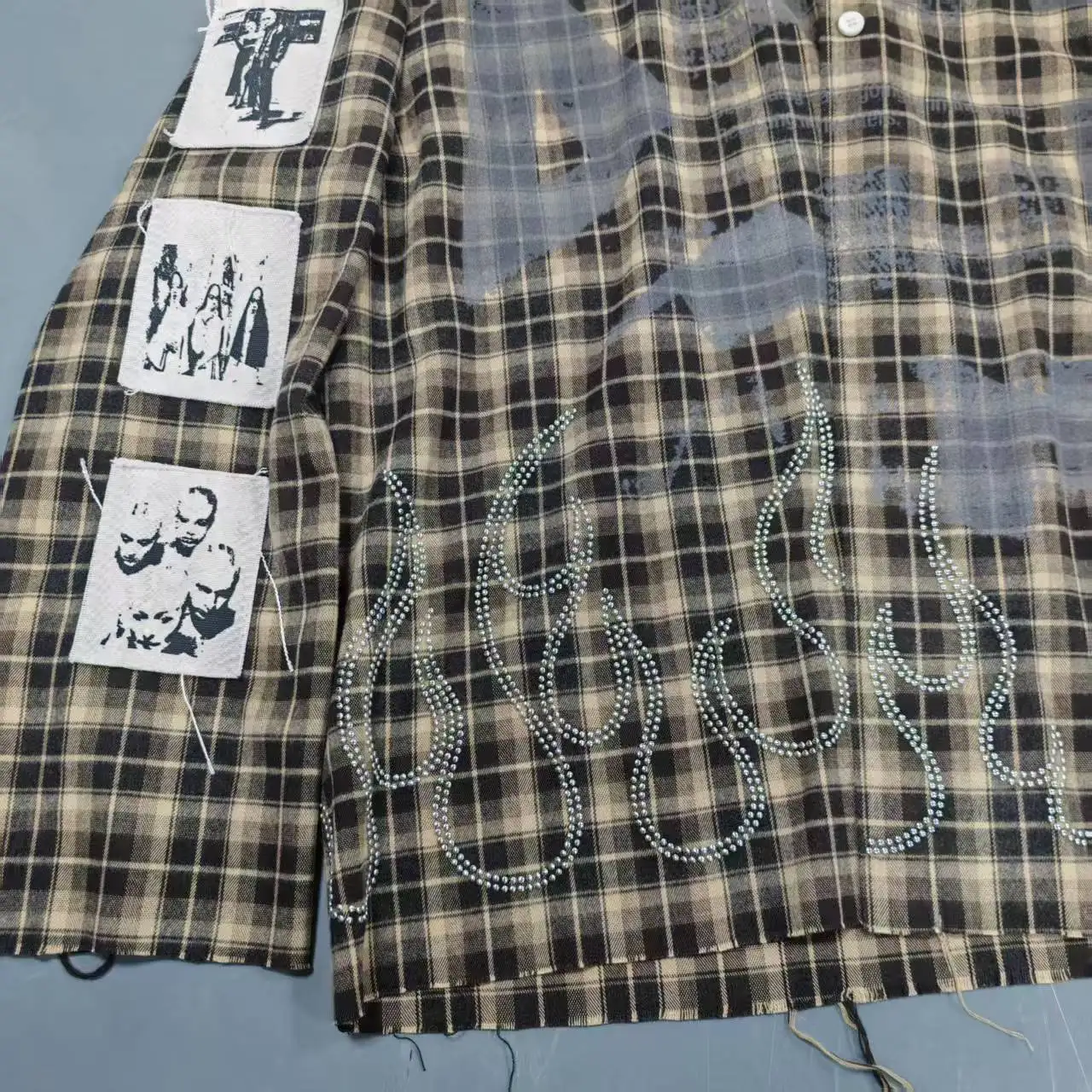 Custom Men Cotton Shirts Sun Faded Button up Long Sleeve Rhinestone Check Plaid Acid Wash gallery 4