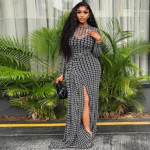 STOCK Print Mesh Women Dress See Through Maxi Dress Slit Swimwear Cover Ups Beachwear S-L