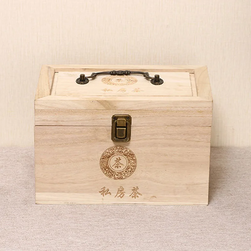 Handmade Rectangular Paulownia Wood Tea Storage Box with Hinged Lid and Handle Multifunctional Gift Wooden Box