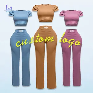 Huilong Manufacturer OEM Summer Women's Loungewear Sets Two-Piece Cotton Short Sleeve Crop Top Straight Leg Pants Knitting
