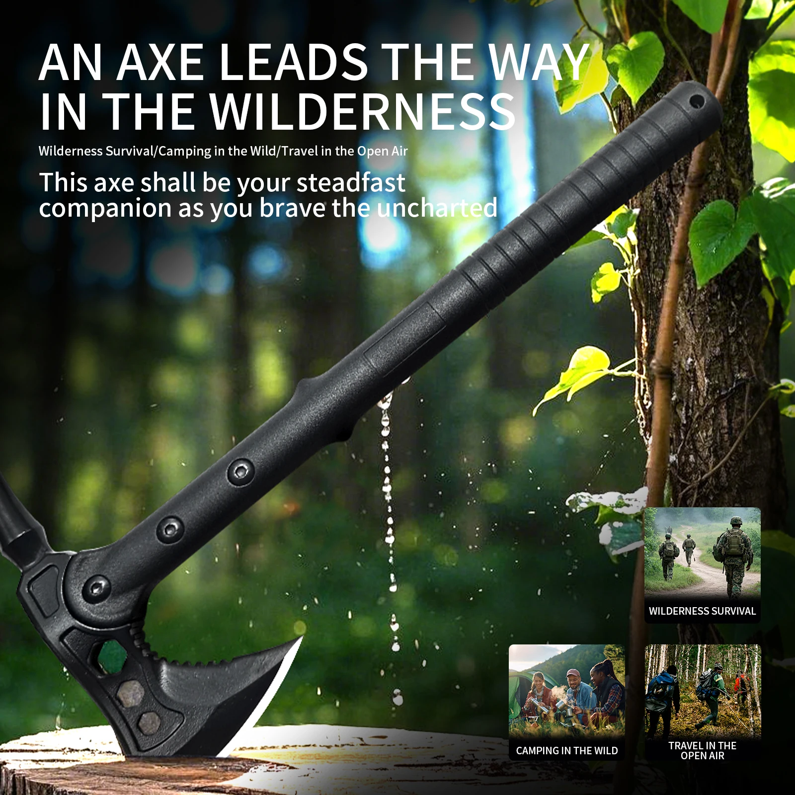 Hache de survie tactique d'extérieur - Design noir intégral - Poignée antidérapante - Lame unique - Étui en nylon - Idéale pour la survie, le camping et la chasse_voghion.com