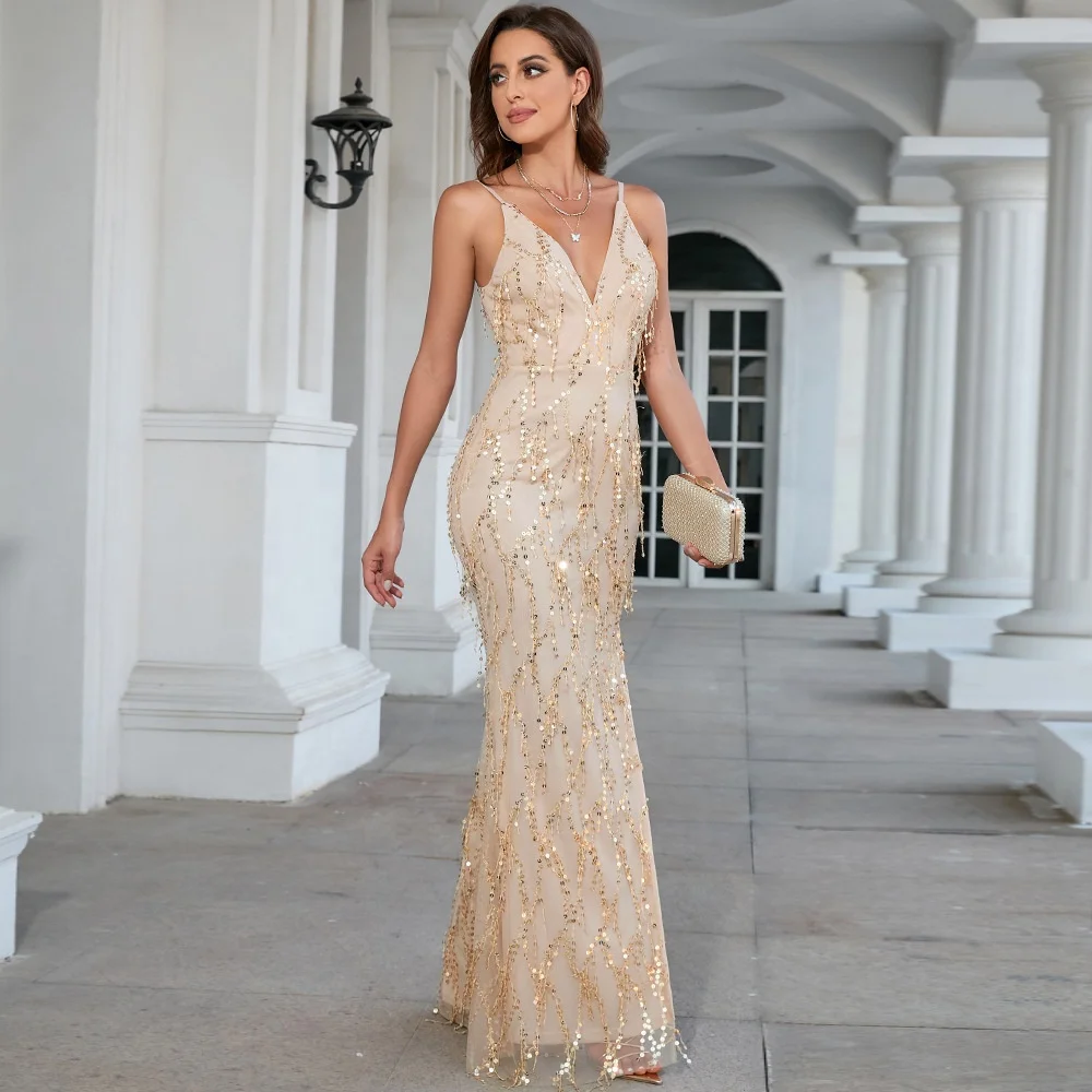 D&M RTS Luxury Sexy Backless Sling Deep V Sequin Fringe Party Bridesmaid  Prom Slit Maxi Dress Women Night Evening Gown