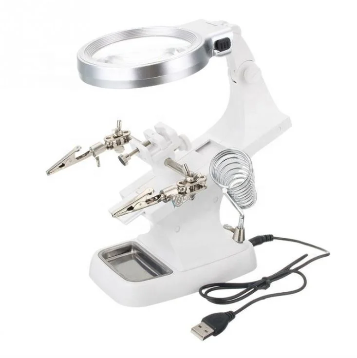 LED Soldering Iron Welding Magnifier Magnifying Glass Crocodile Clip Kit Stand 