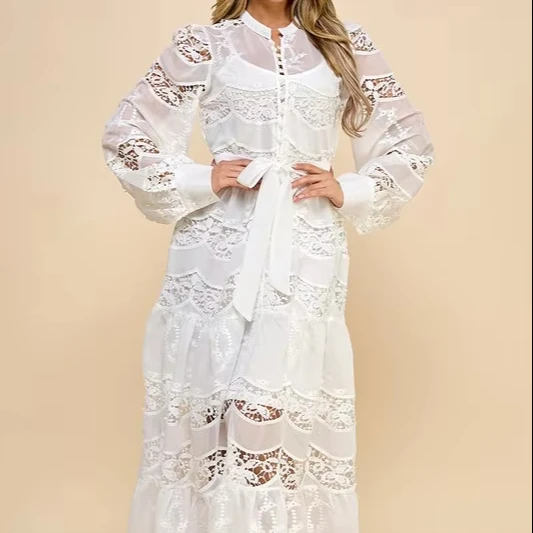Ladies White Lace Dress With Perspective Lantern Sleeves Lace Waist Button Decoration Sweet Style For Commuting Shopping Travel - Image 1