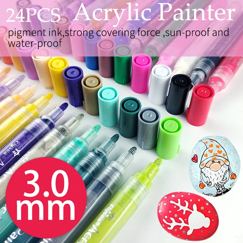 24 Glitter Acrylic Paint Pens Marker Set 0.7mm Extra Fine and 3.0mm Medium  Tip C