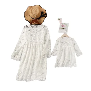 New Design Family Matching Outfits Mother And Daughter Summer Lace Flower Hollow Out Dress Fashion Mommy and Me Outfits