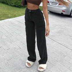 2021 new stylish trendy fall clothes women brown zipper pocket cotton baggy jean street wear cargo pants Stylish patchwork jeans