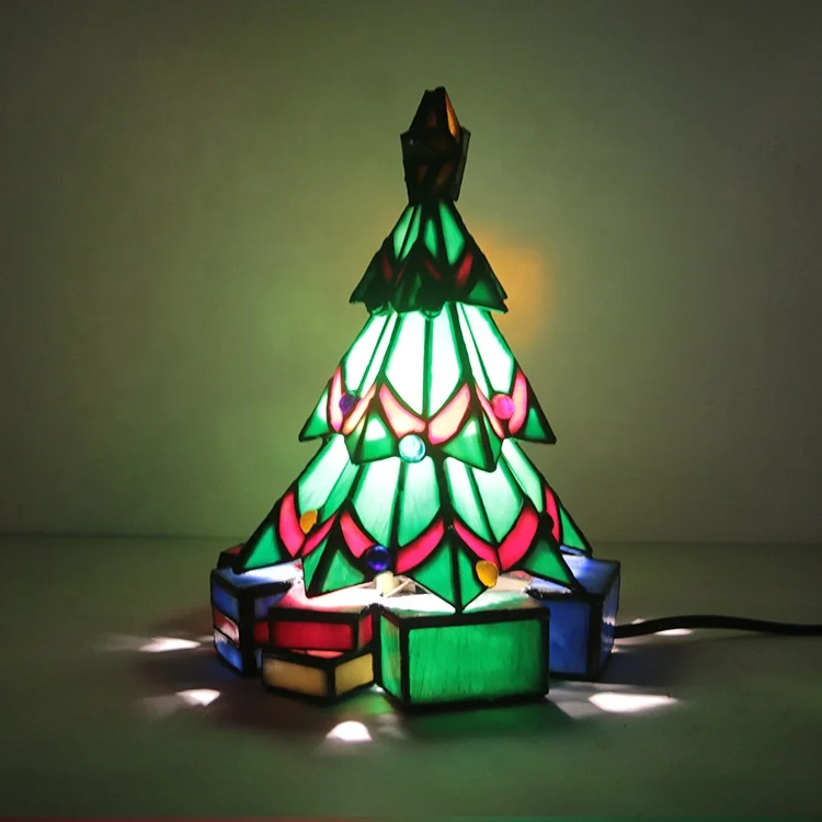 LongHuiJing Custom Made Hand Crafted Stained Glass Lamp Leaded Christmas Tree Lamps 9Inch Tiffany Style Christmas Decoration