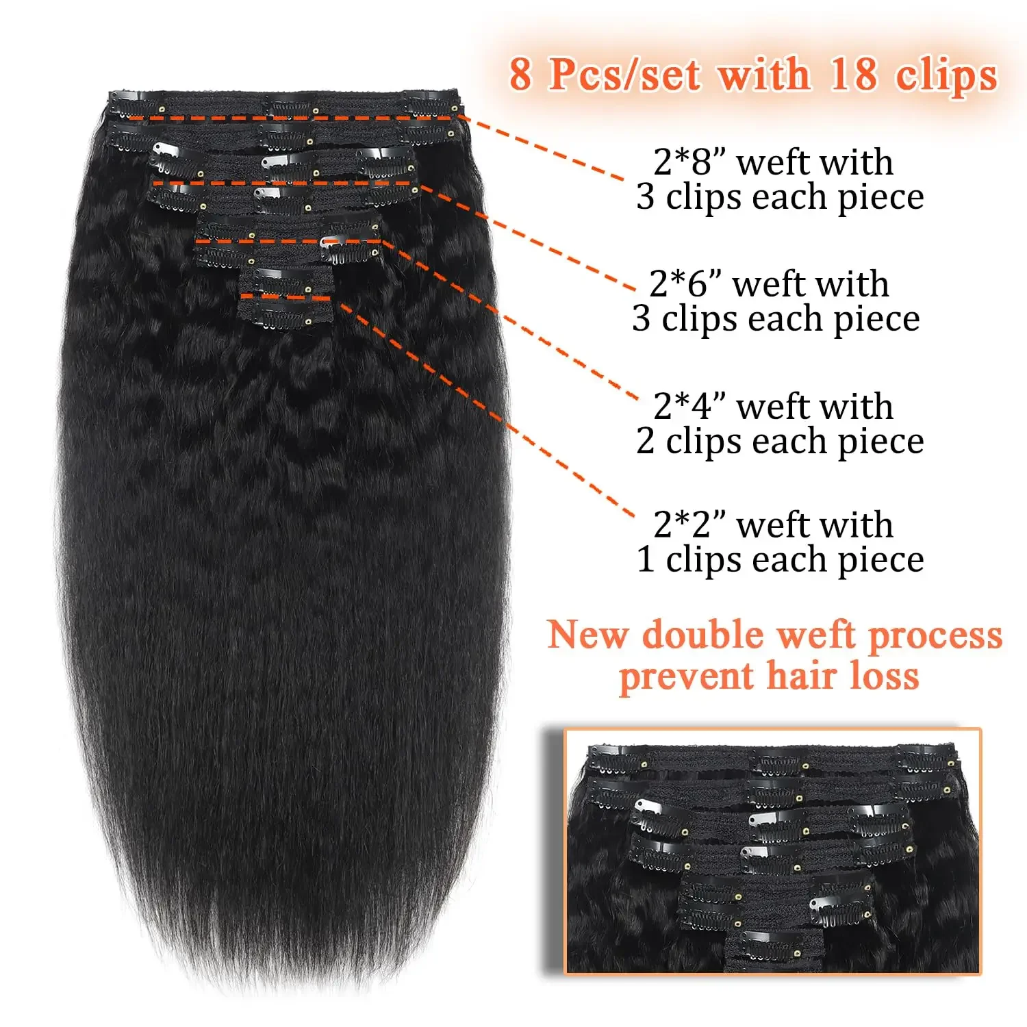 Kinky Straight Clip-in Hair Extensions Ekte Menneskehår Naturlig Svart For Kvinner Remy Sømløse Clip-ins_voghion.com