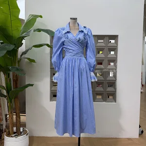 Factory Wholesale 2 Pieces Set Women Spring Autumn Striped Lantern Sleeve 3D Butterfly Bangds Shirt + Midi Skirt Suit Set