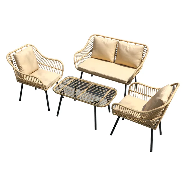 Simple Outdoor Rattan Sofa Factory Wholesale Tempered Glass Table Top Garden Furniture Set For Patio