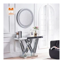 Hot Modern Glass Mirrored Console Table with Wall Mirror Faux Crystal Crushed Diamonds with LED for Living Room