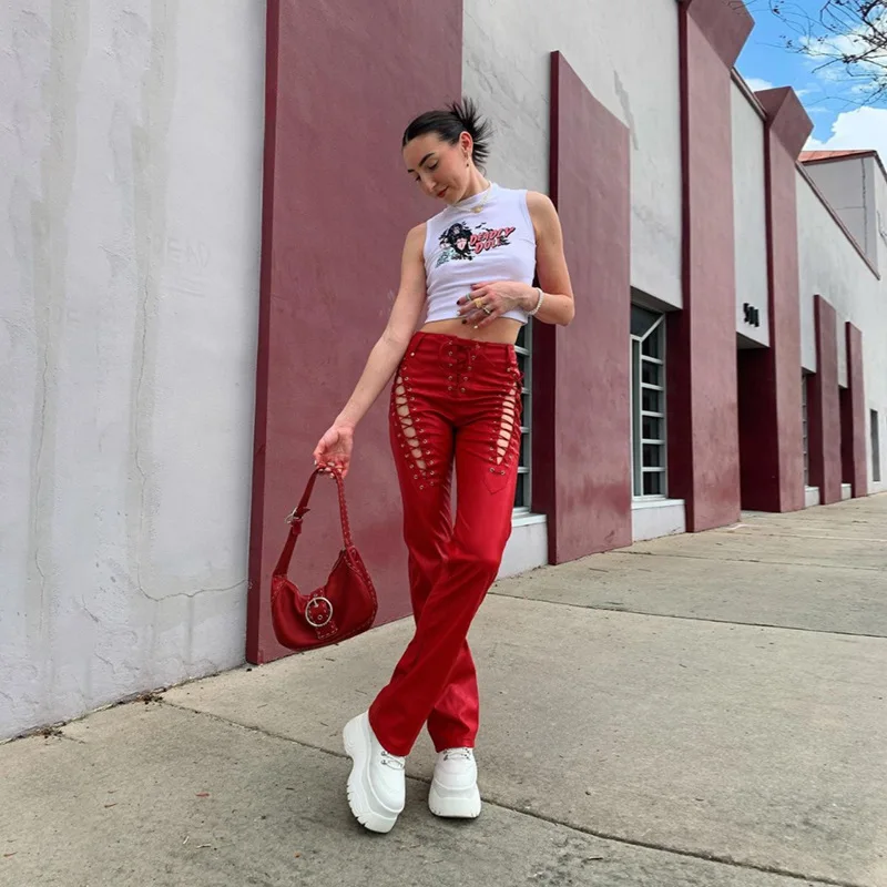 Pantalones De Cuero Brillantes Para Mujer,Ropa De Calle Ajustada A La  Moda,Con Estilo,Rojo,Sexy,De Diseñador - Buy Más El Tamaño De Las Mujeres  Pantalones \u0026amp; Pantalones,Dama Elegante Pantalones De Otoño,Rojo Caliente  Sexy Brillante
