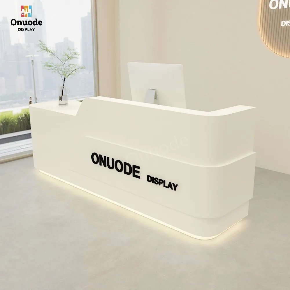Custom Hotel & Salon Reception Desk | LED Cashier Checkout Counter | Front Counter Showcases for Office & Beauty Store