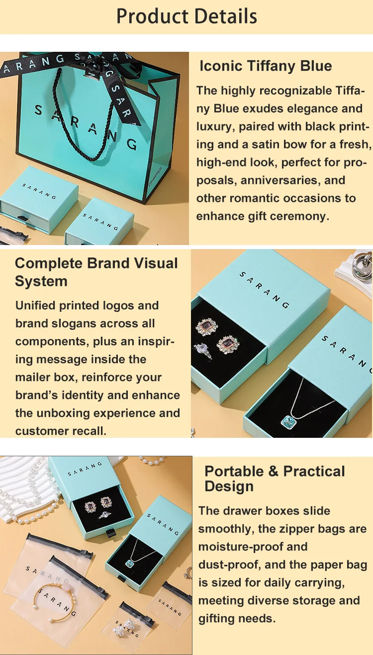 Premium Rectangle Mint Green Gift Box Jewelry Drawer Box Set with Paper Bag PVC Zipper Bag Thank You Card Custom Logo Packaging supplier