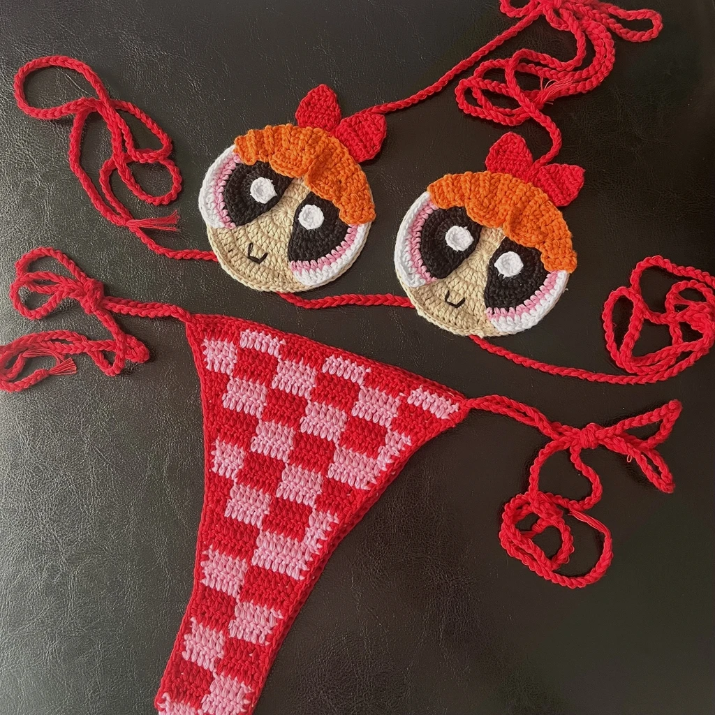2025 Custom Crochet Knit String Cartoon Micro Bikini Set Handmade Cute Red Checkered Sexy Beachwear Fruit Fashion Custom Bathing