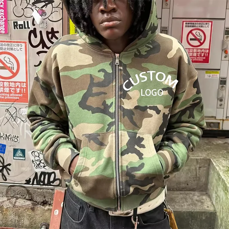 Salati Custom Brand Baggy Double Zipper Stitch Sublimation Dtg Print Oversized Boxy Fit Embroidered Camouflage Camo Hoodies Men