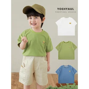 YOEHYAUL N4997 Low Moq Heart Embroidered Toddlers Tshirt Children Solid Color Short Sleeve T-shirt T Shirt for Kids Boys Cotton