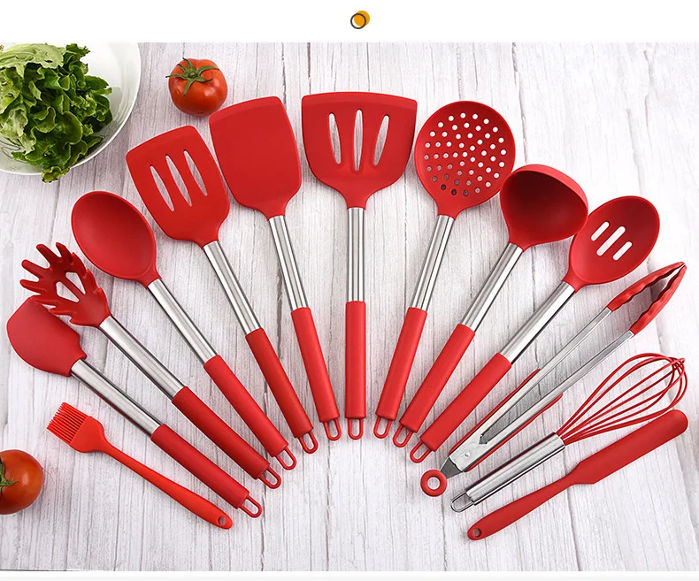 Silicone Cooking Utensil Kitchen Set 13 Pieces Rubber Utensil Tool with Spatula Holder Spoon Turner Tongs