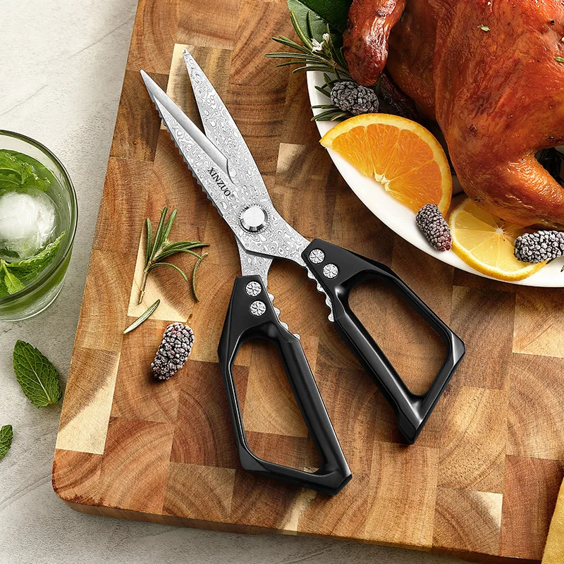 XINZUO New Multipurpose High Quality 110 Layers Damascus Steel Black Kitchen Scissors Stainless Cutting Shears with Gift Box