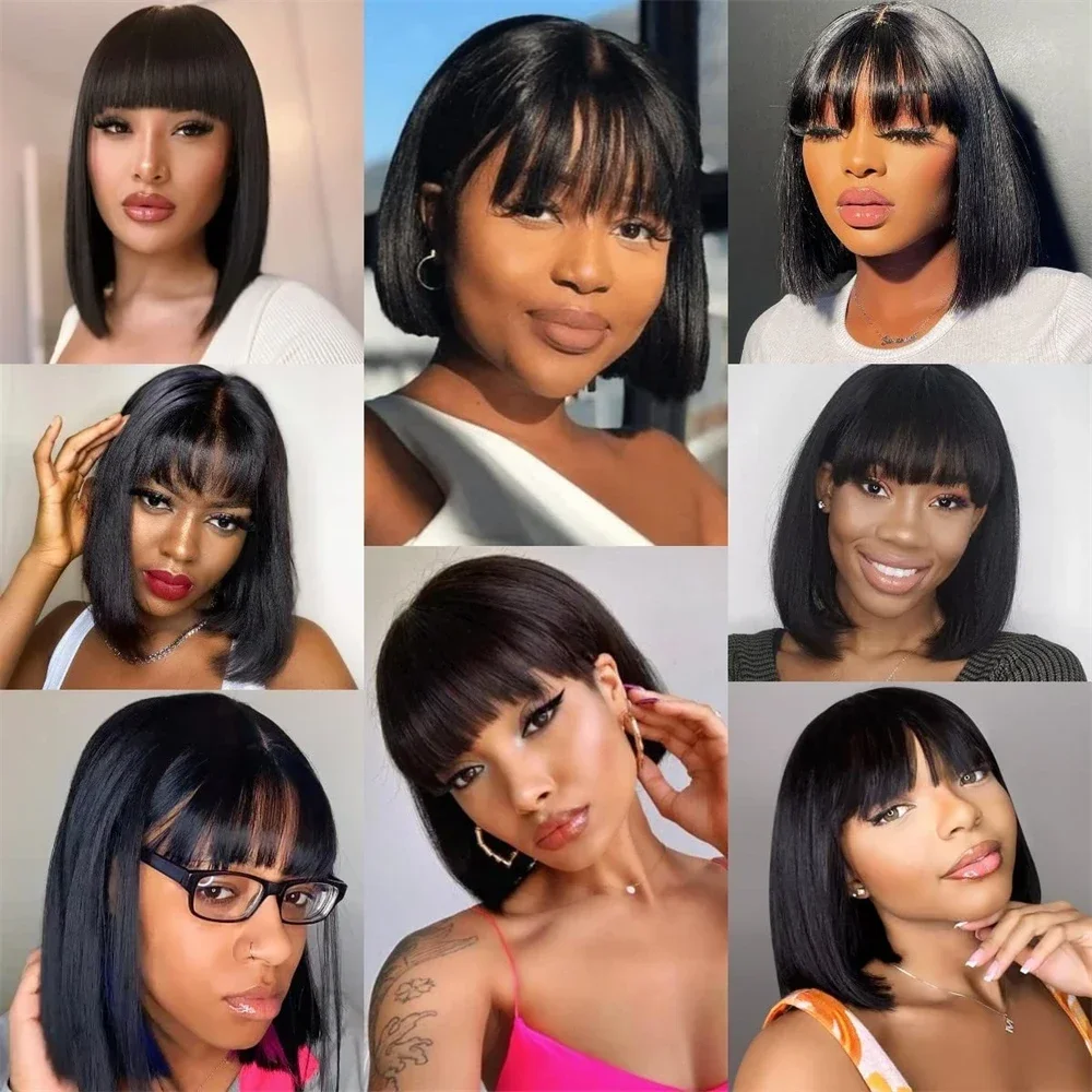 Brazilian Straight Bob Lace Wigs 100% Human Hair Bangs Fringe Middle Part Realistic Scalp_voghion.com