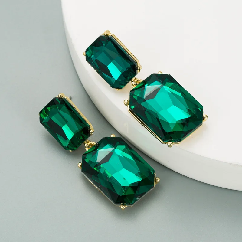 Simple Geometric Shape Inlaid With Colored Glass Diamond Earrings Long Bohemian Wholesale square Gemstone Dangle Stone Earrings